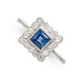 A SAPPHIRE AND DIAMOND RING the square face is set with a step cut sapphire of 0.75 carats in a