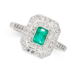 AN EMERALD AND DIAMOND RING in 18ct gold, set with an emerald cut emerald in a two-row border of