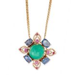 AN EMERALD, BLUE SAPPHIRE AND PINK SAPPHIRE PENDANT NECKLACE in 14ct yellow gold, set with a