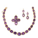 AN ANTIQUE AMETHYST RIVIERE NECKLACE, PENDANT AND EARRINGS SUITE in yellow gold, the necklace