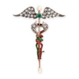 AN ANTIQUE JEWELLED ENAMEL CADUCEUS BROOCH, 19TH CENTURY in yellow gold and silver, designed as