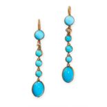 A PAIR OF ANTIQUE TURQUOISE AND DIAMOND EARRINGS in yellow gold, each set with an oval cabochon