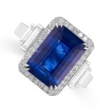 A SAPPHIRE AND DIAMOND DRESS RING set with an emerald cut blue sapphire of 6.15 carats, within a