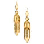 A PAIR OF ANTIQUE TASSEL EARRINGS, 19TH CENTURY in yellow gold, in Etruscan revival manner, each