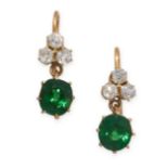 A PAIR OF TSAVORITE GARNET AND DIAMOND EARRINGS in yellow gold, each set with a cushion cut