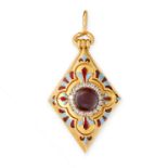 AN ANTIQUE GARNET, DIAMOND AND ENAMEL MOURNING LOCKET PENDANT, CIRCA 1875 in 18ct yellow gold, in