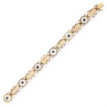 AN ANTIQUE SAPPHIRE, PEARL AND ENAMEL BRACELET, EARLY 20TH CENTURY in yellow gold, formed of a