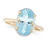 AN AQUAMARINE AND DIAMOND RING in 14ct gold, set with an oval cut aquamarine of 4.56 carats in a