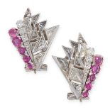 A PAIR OF VINTAGE RUBY AND DIAMOND EARRINGS in 14ct white gold, each set with triangular cut