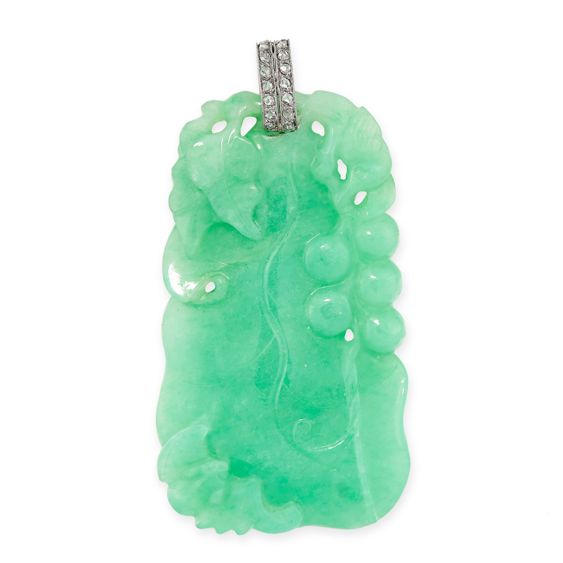 A NATURAL JADEITE JADE AND DIAMOND PENDANT the body formed of a single piece of jadeite, carved to