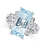 AN AQUAMARINE AND DIAMOND DRESS RING in 18ct white gold, set with an emerald cut aquamarine of 6.