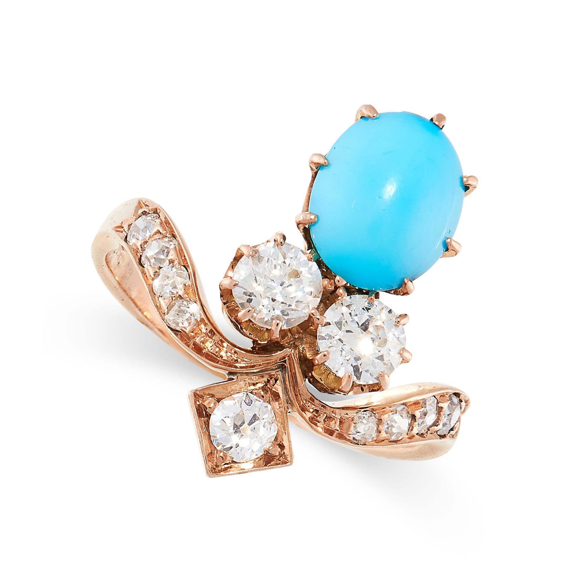 AN ANTIQUE TURQUOISE AND DIAMOND TIARA RING in yellow gold, the stylised band set with old cut