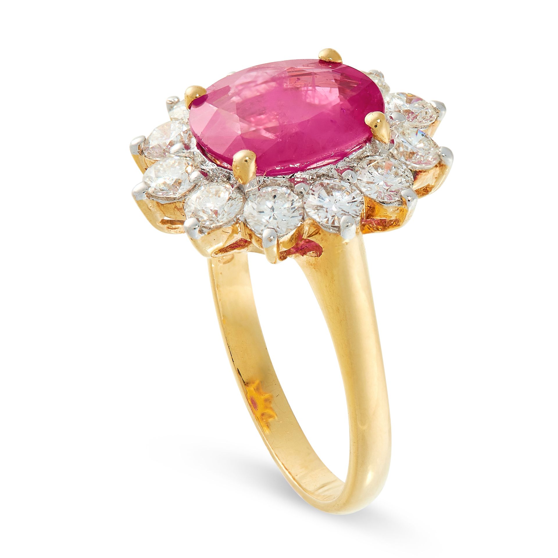 A RUBY AND DIAMOND DRESS RING in 18ct yellow gold, set with a cushion cut ruby of 2.85 carats, - Image 2 of 2