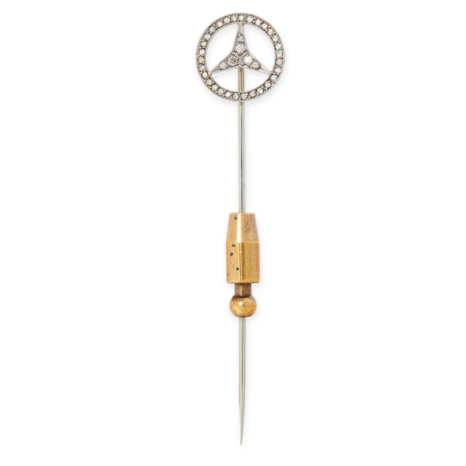 AN ANTIQUE DIAMOND TIE / STICK PIN BROOCH in yellow gold and silver, the circular body with a