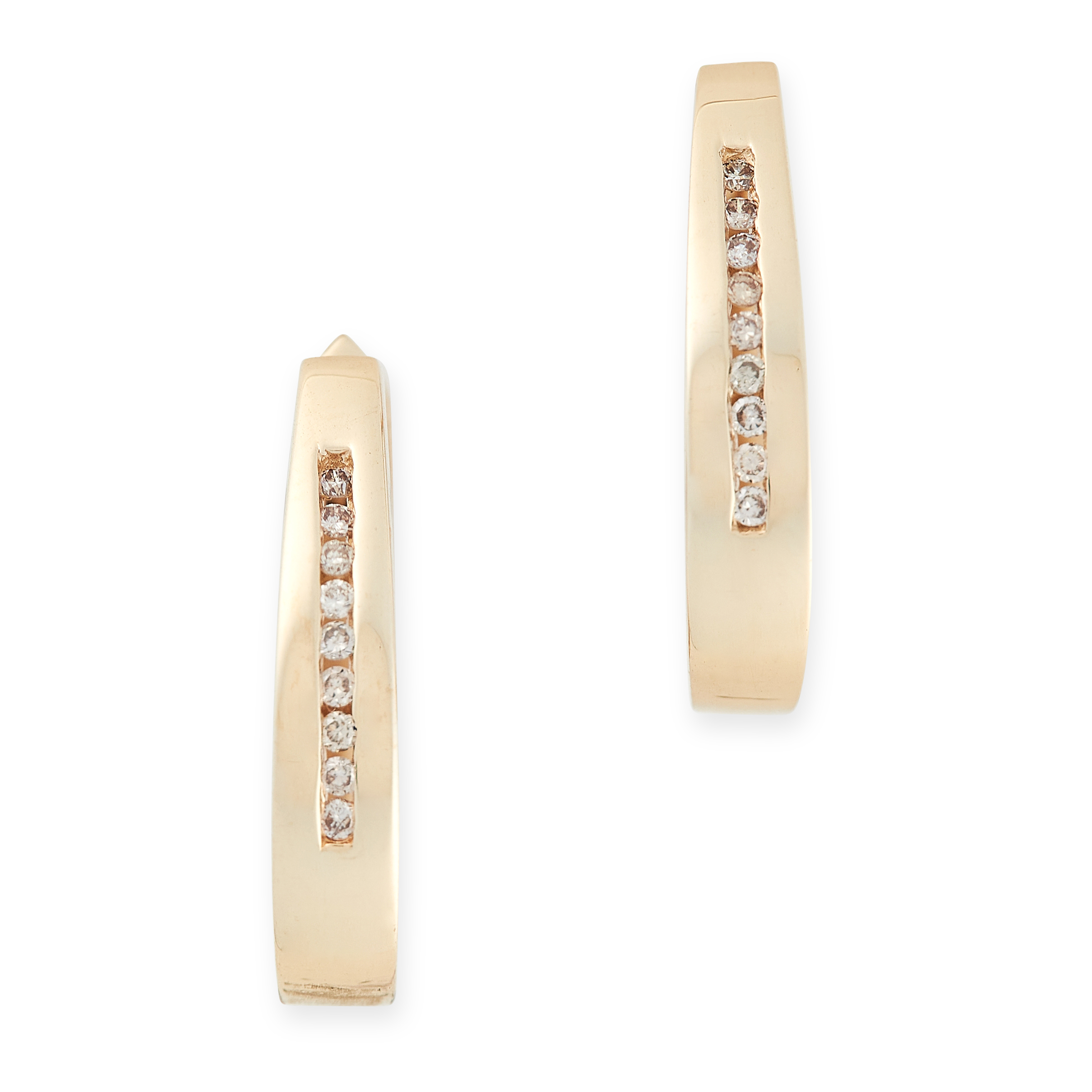 A PAIR OF DIAMOND HOOP EARRINGS in yellow gold, each set with a row of round cut diamonds, stamped