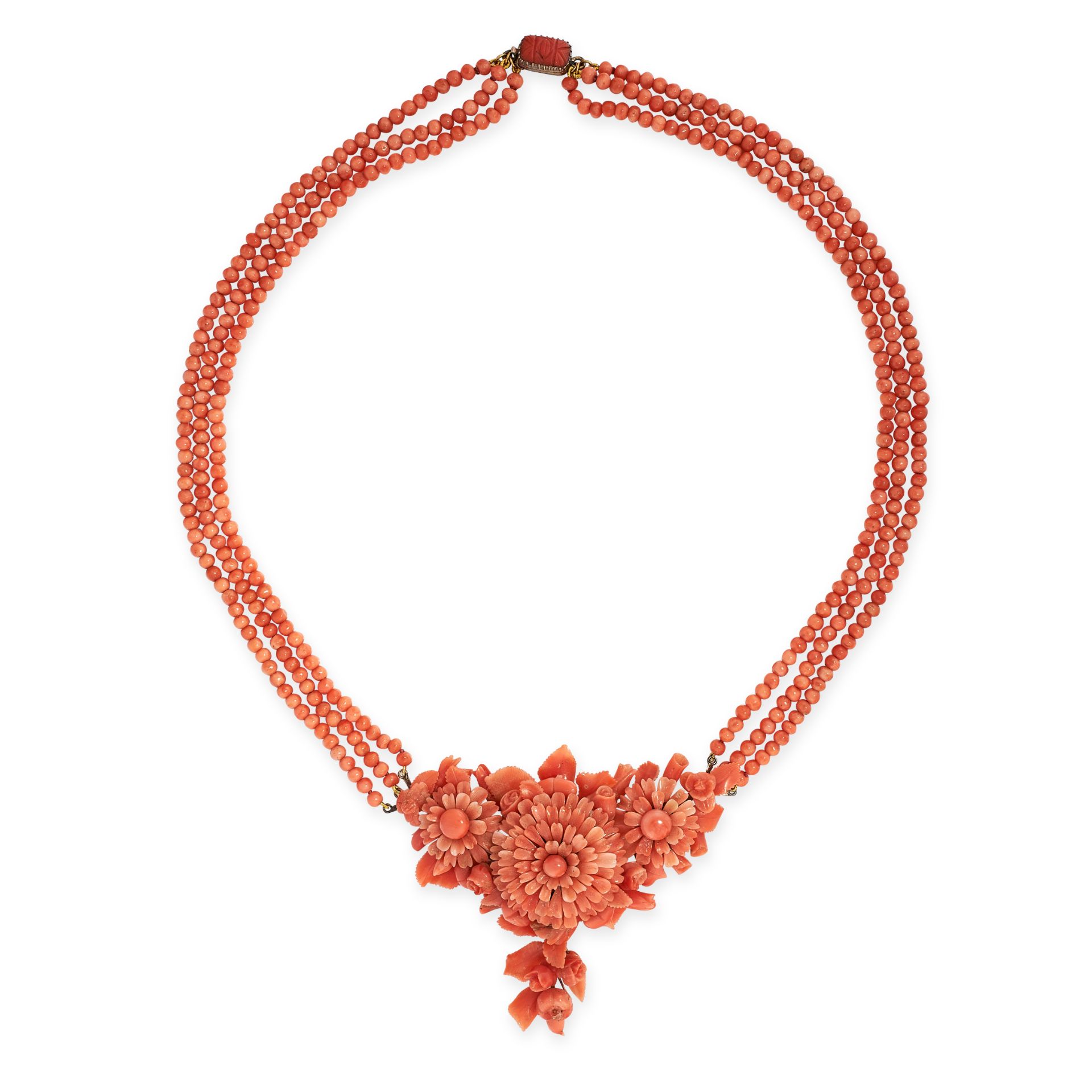 AN ANTIQUE CORAL NECKLACE comprising three rows of polished coral beads centring a foliate pendant