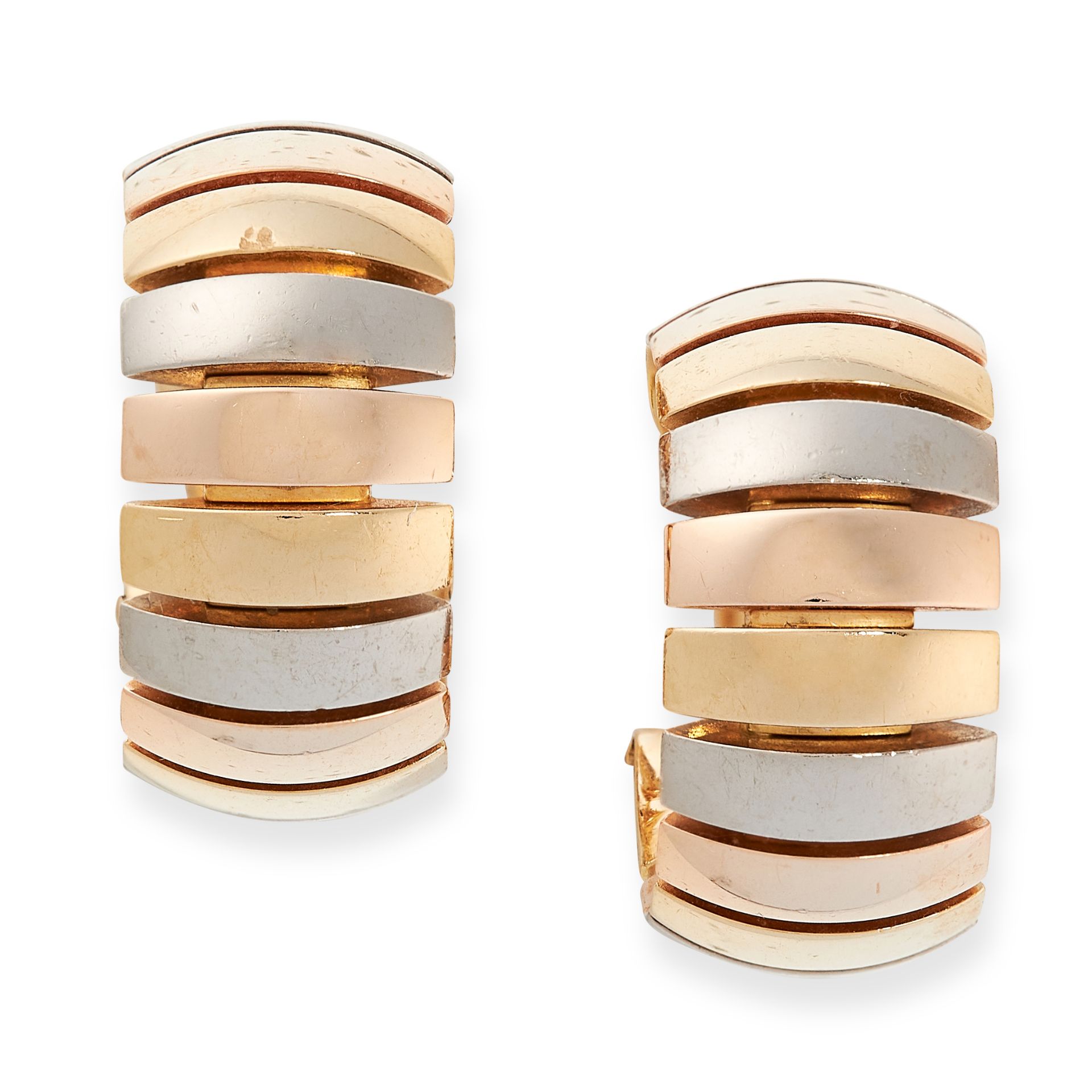 A PAIR OF TRINITY DE CARTIER HOOP EARRINGS, CARTIER in 18ct yellow, white and rose gold, each