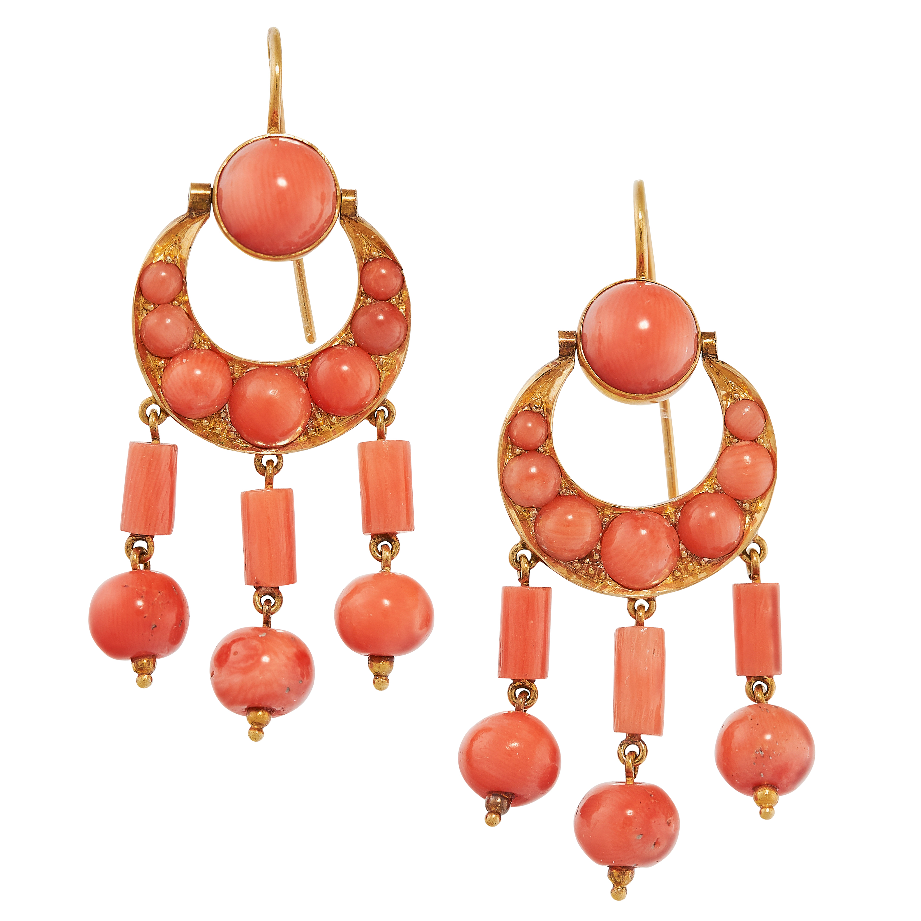 A PAIR OF ANTIQUE CORAL CRESCENT MOON EARRINGS, 19TH CENTURY in yellow gold, the articulated