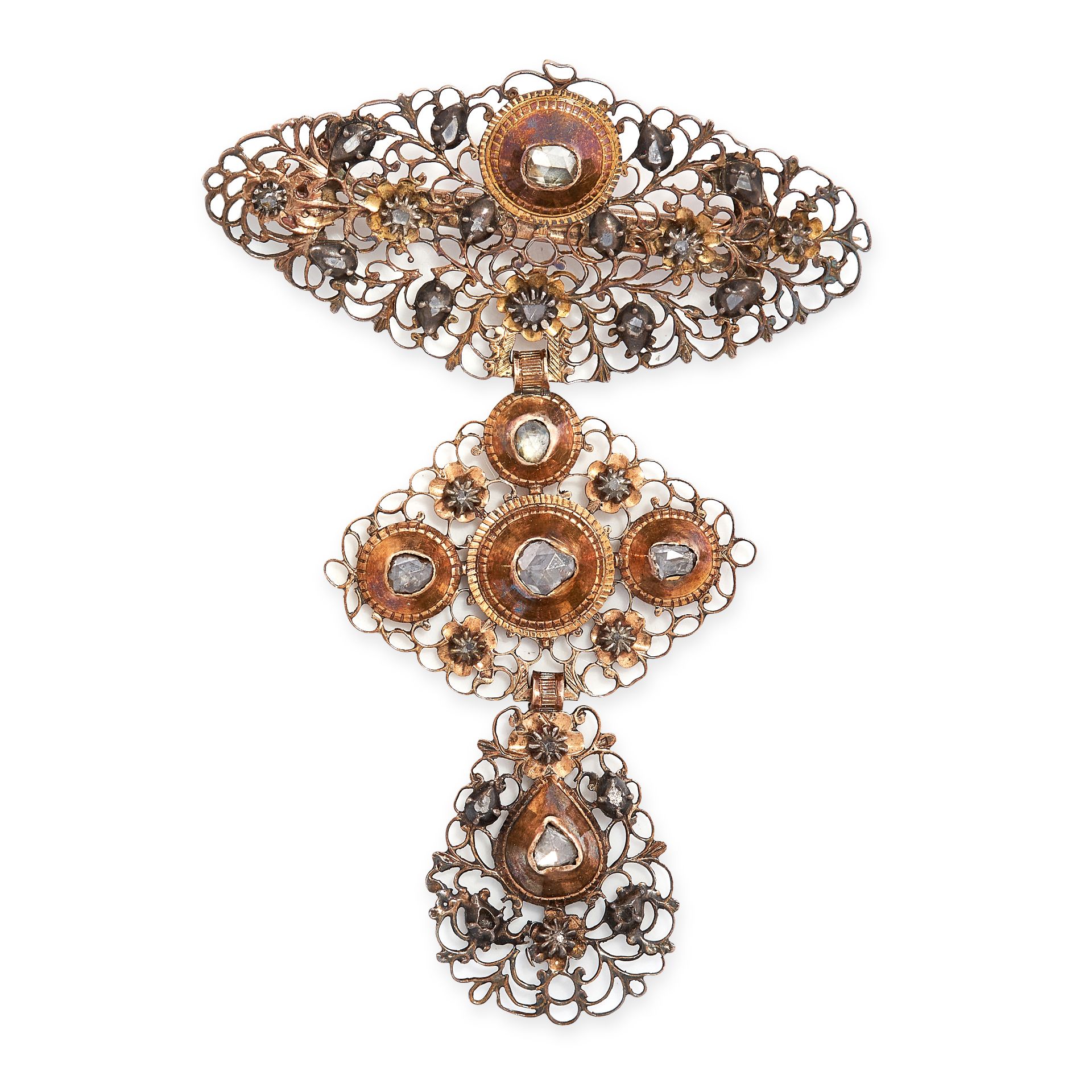 AN ANTIQUE IBERIAN DIAMOND BROOCH, LATE 18TH CENTURY in yellow gold and silver, the articulated body