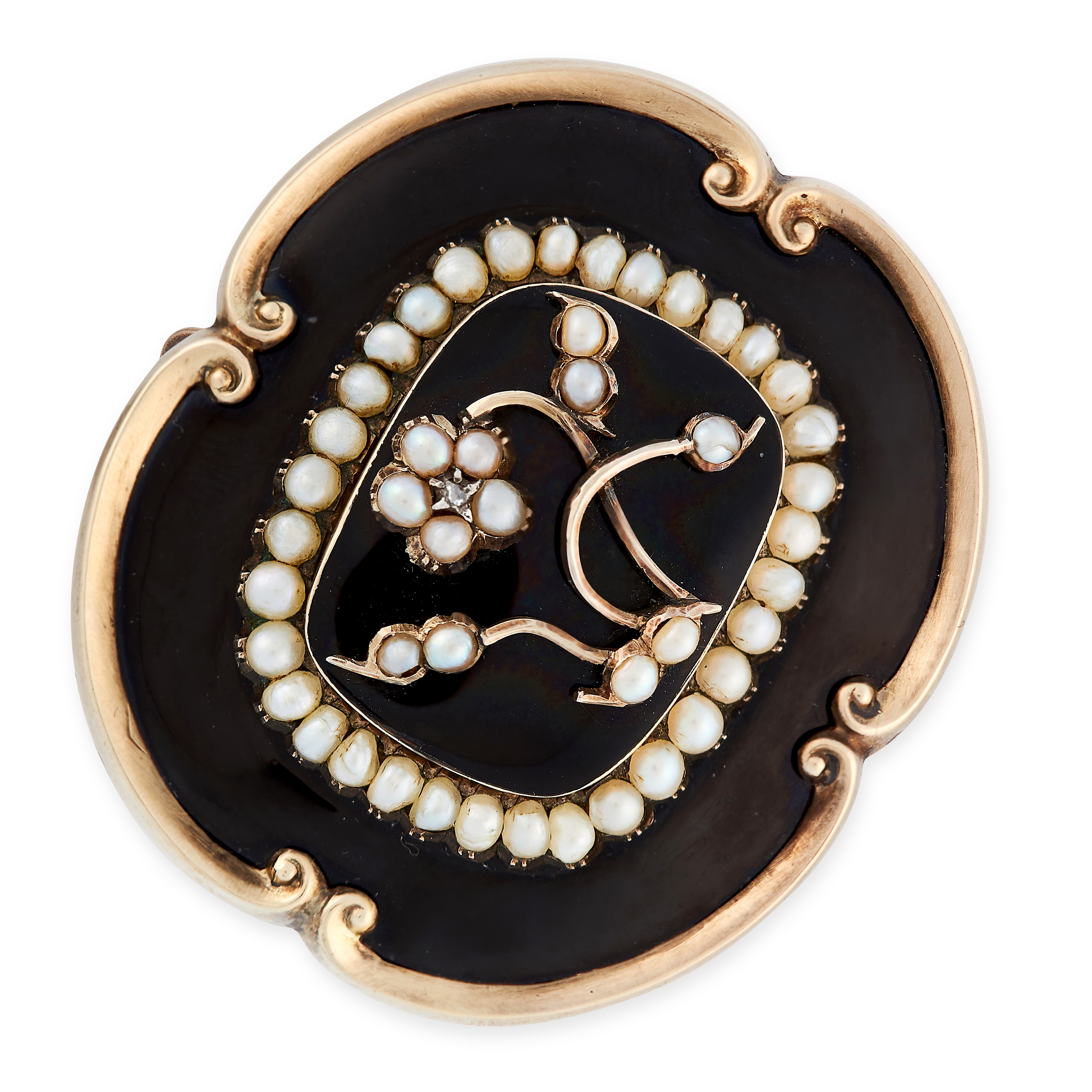 AN ANTIQUE PEARL, DIAMOND AND ENAMEL MOURNING LOCKET BROOCH, 19TH CENTURY in yellow gold, the body