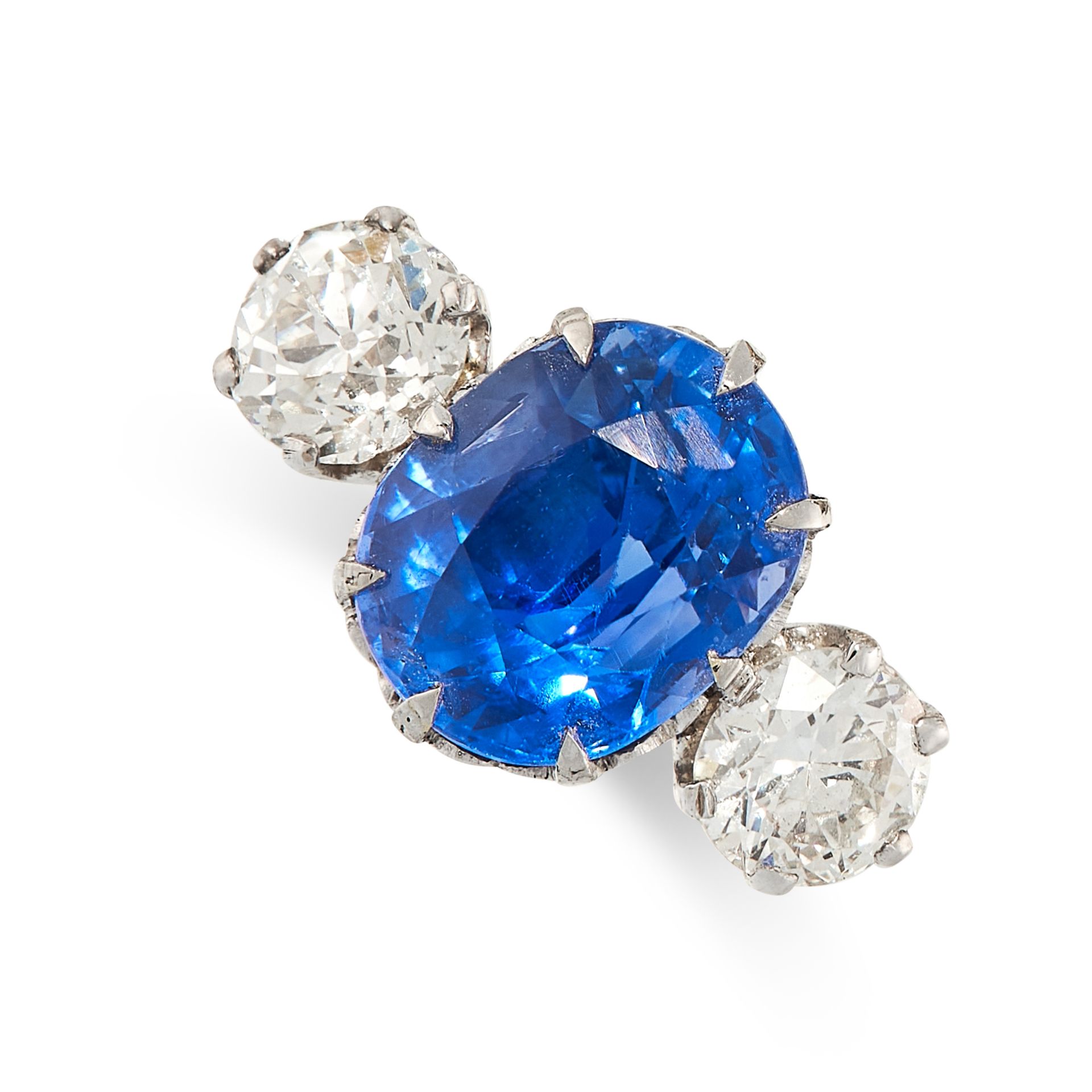A CEYLON NO HEAT SAPPHIRE AND DIAMOND RING in 18ct white gold, set with a cushion cut blue