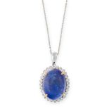A TANZANITE AND DIAMOND PENDANT AND CHAIN in 18ct white gold, set with an oval cabochon tanzanite of