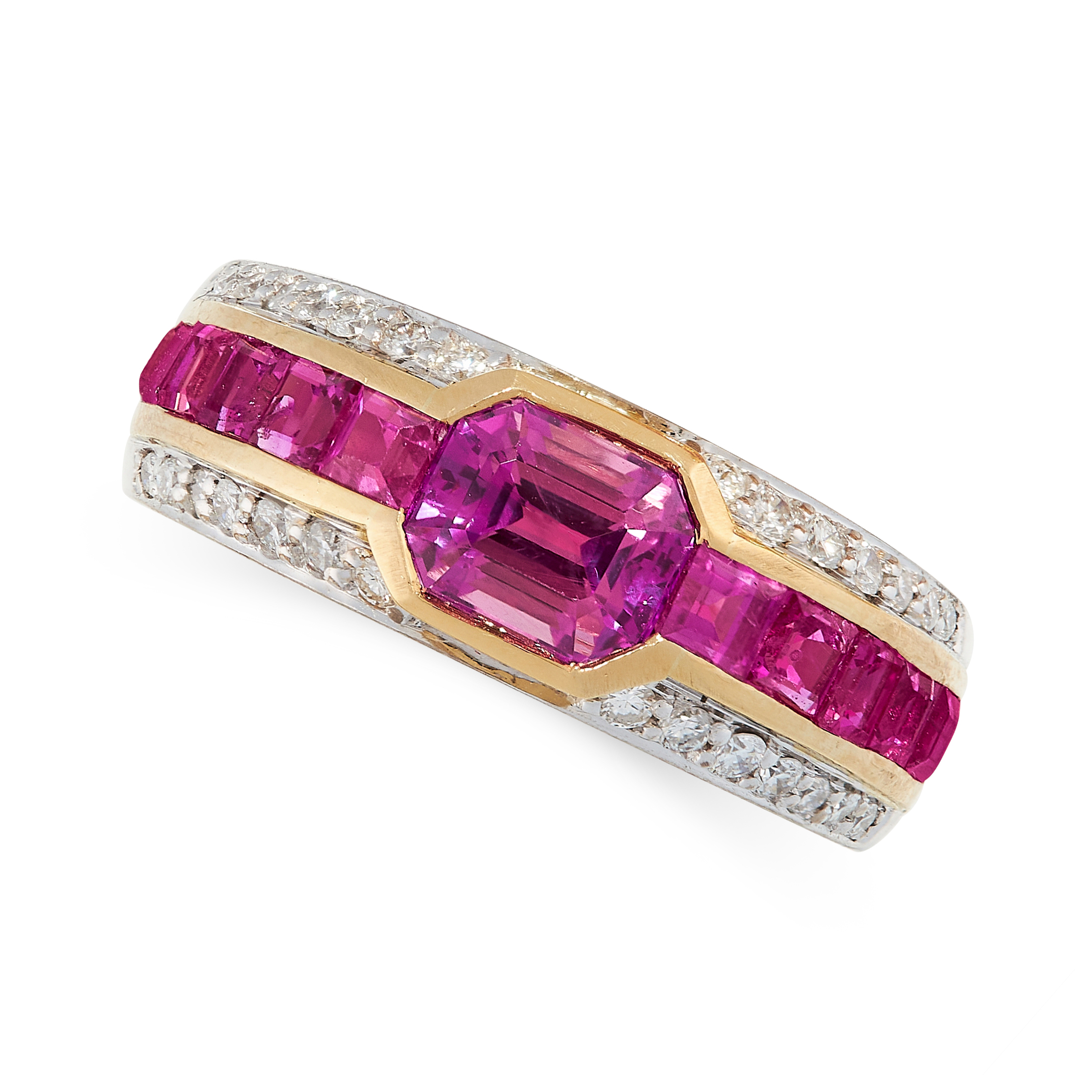 AN UNHEATED RUBY AND DIAMOND RING, RENE KERN in 18ct yellow gold and white gold, the tapering band