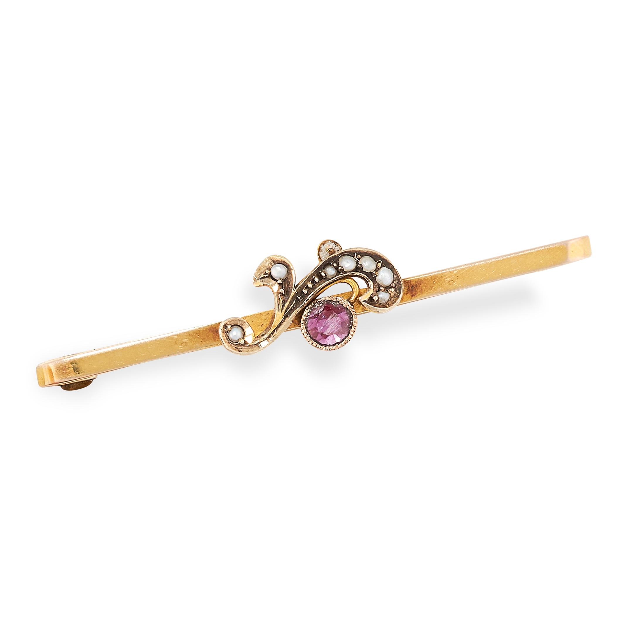 AN ANTIQUE RUBY AND PEARL BROOCH in 9ct yellow gold, set with a round cut ruby accented by a