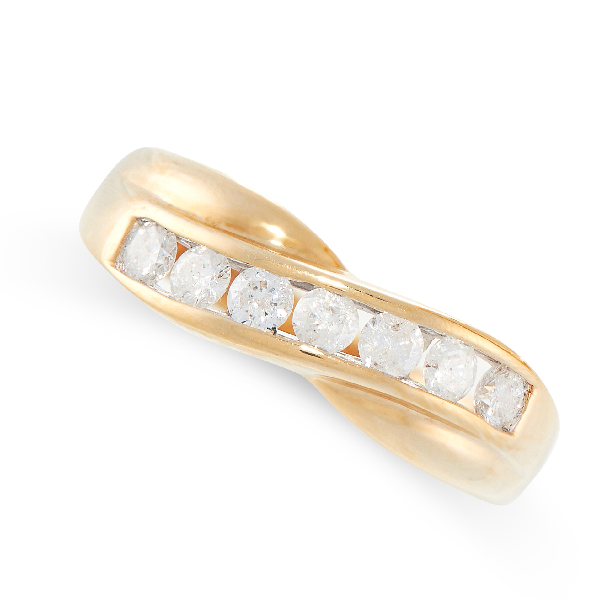 A DIAMOND CROSSOVER RING in 18ct yellow gold, the band set with seven round cut diamonds, full