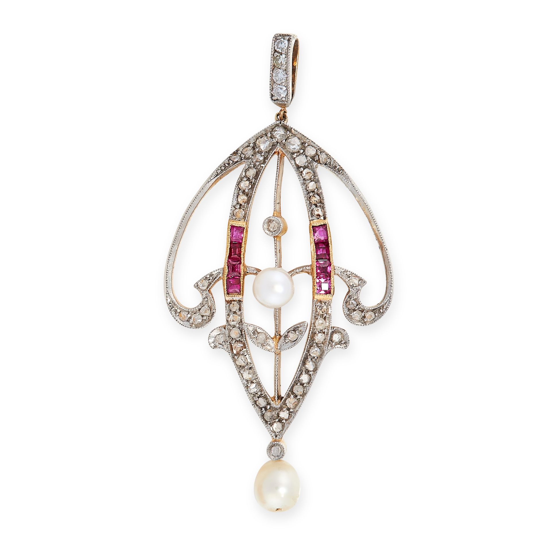 A BELLE EPOQUE DIAMOND, PEARL AND RUBY PENDANT, EARLY 20TH CENTURY the openwork body set with rows