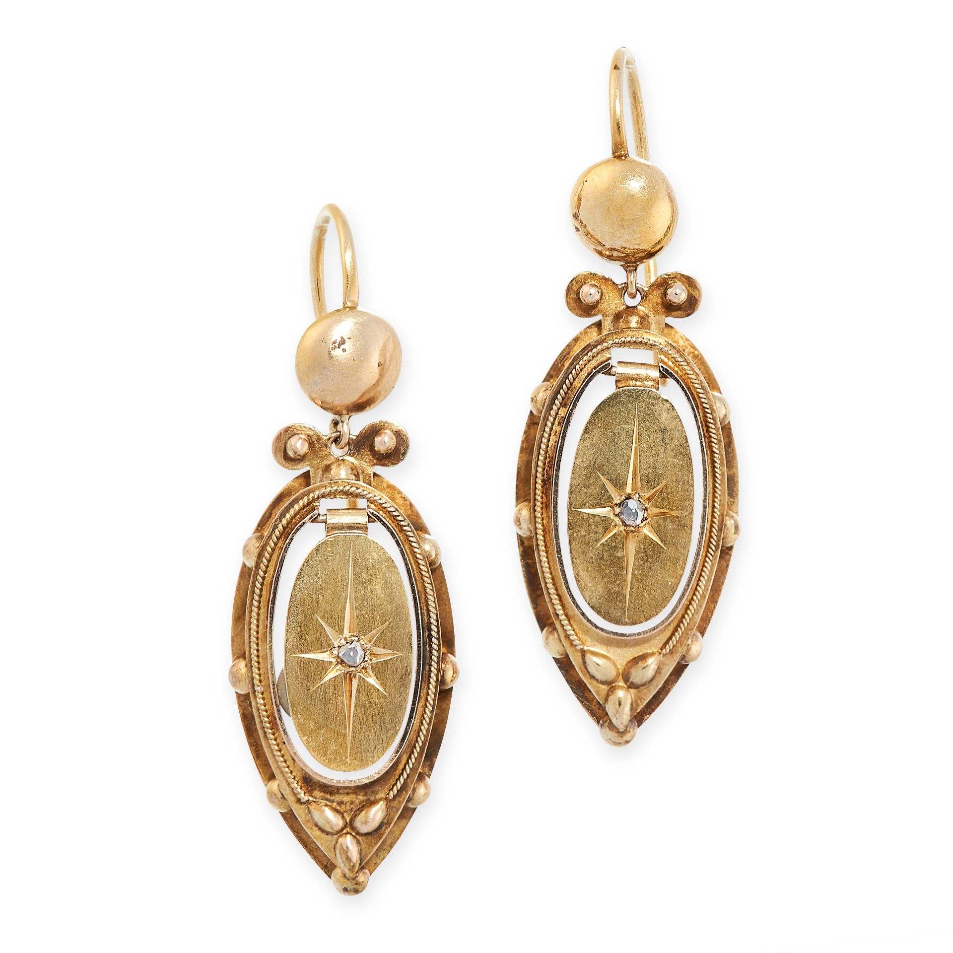 A PAIR OF ANTIQUE DIAMOND EARRINGS, 19TH CENTURY in yellow gold, in the Etruscan revival manner, the