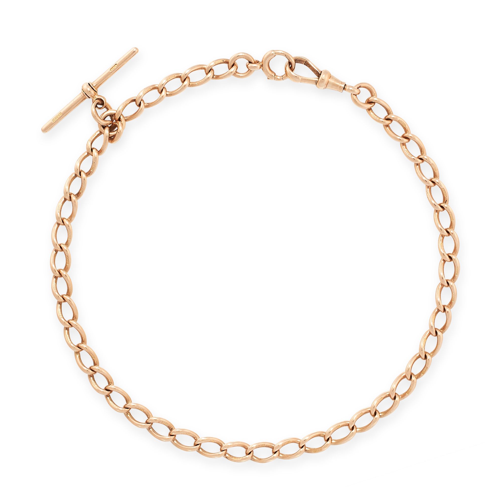 AN ANTIQUE ALBERT CHAIN NECKLACE in 15ct rose gold, formed of a series of curb links, suspending a
