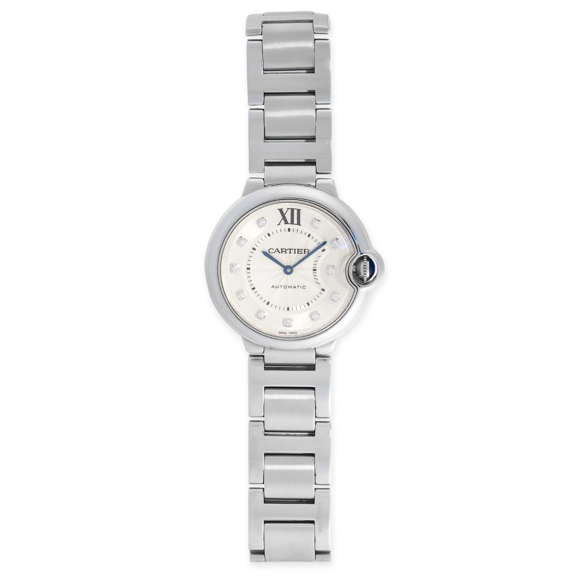 A DIAMOND BALLON BLEU DE CARTIER WRIST WATCH, CARTIER in stainless steel, automatic movement, silver