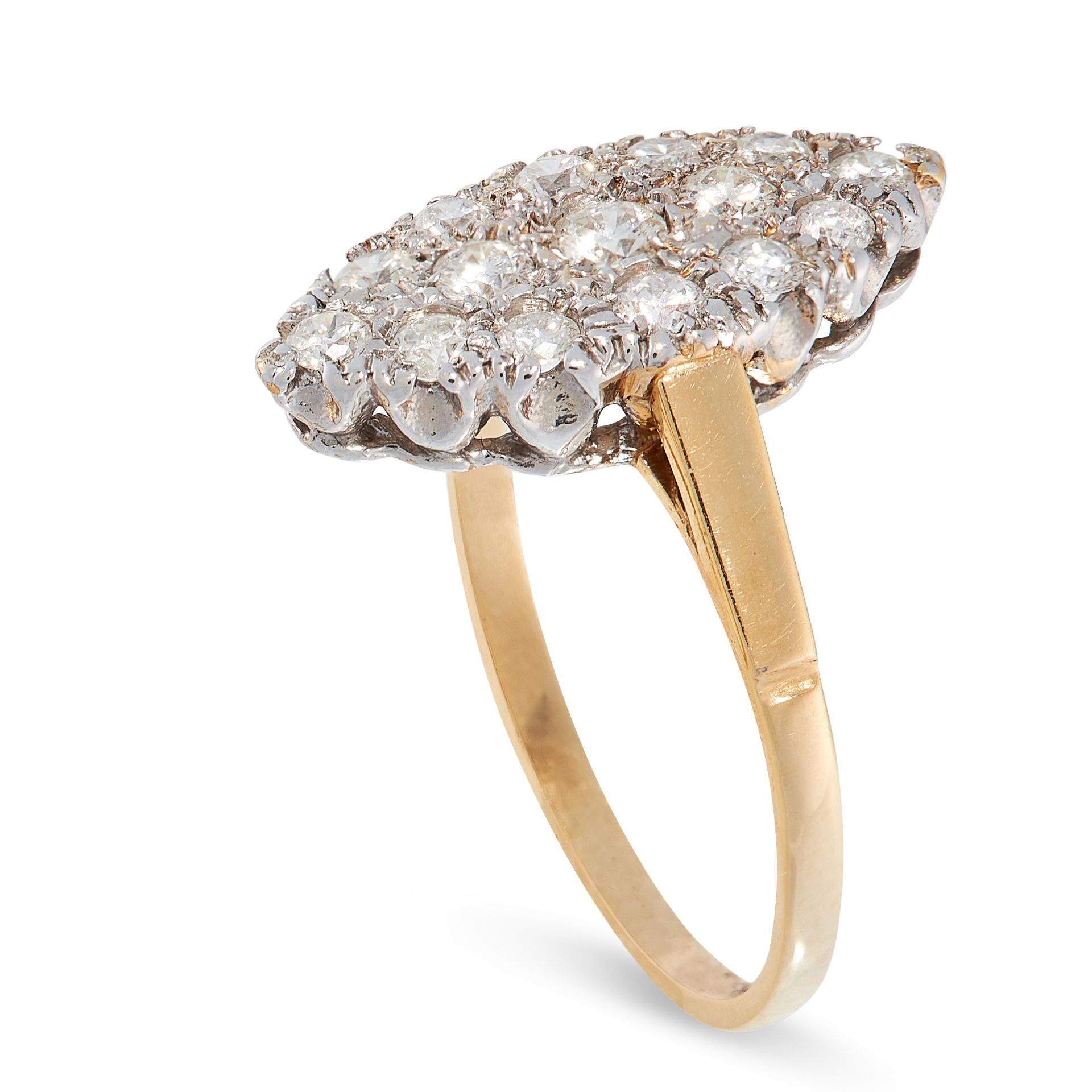 AN ANTIQUE DIAMOND RING in yellow gold, the navette face is pave set with old cut diamonds, all - Image 2 of 2