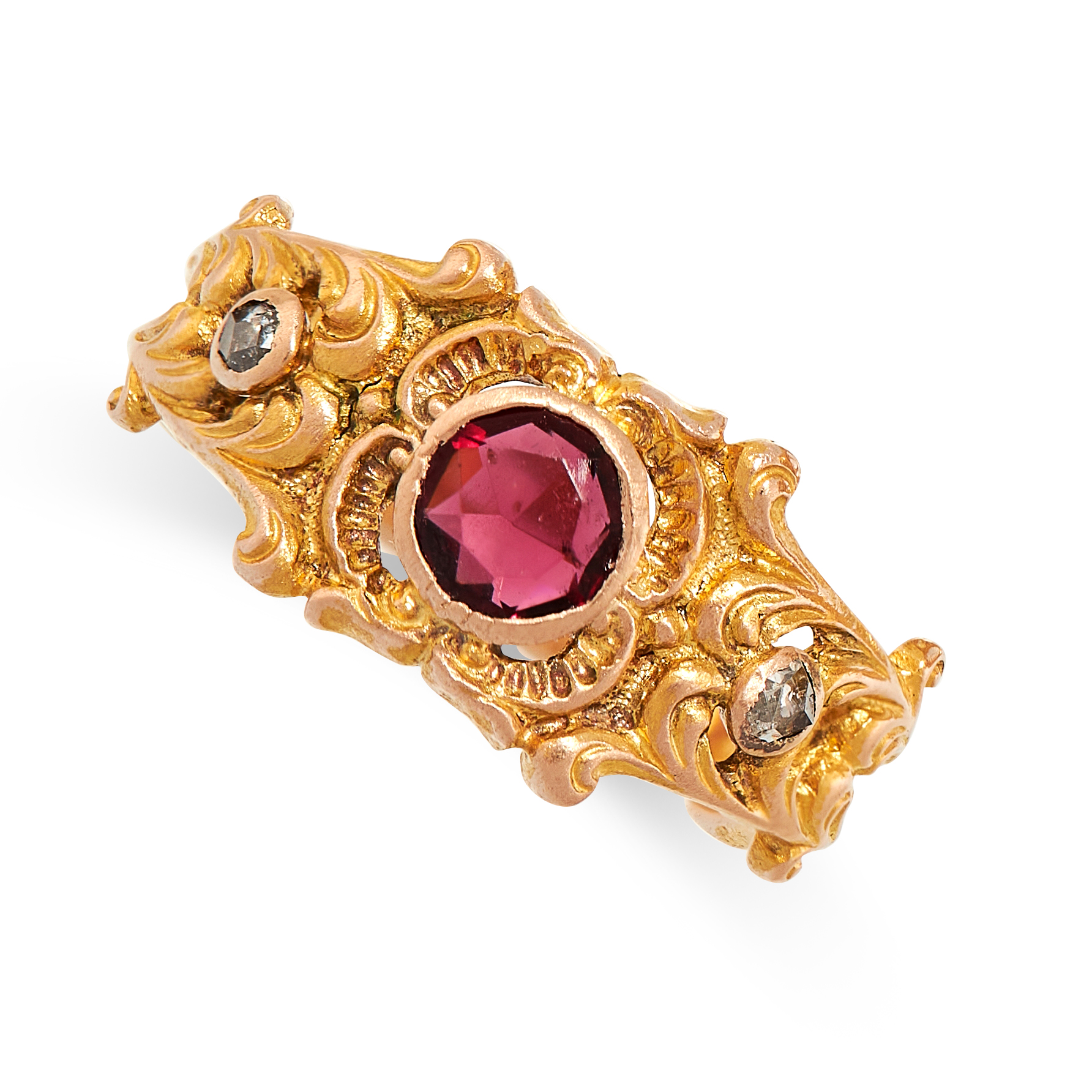 A GARNET AND DIAMOND DRESS RING in yellow gold, set with a round cut garnet between rose cut