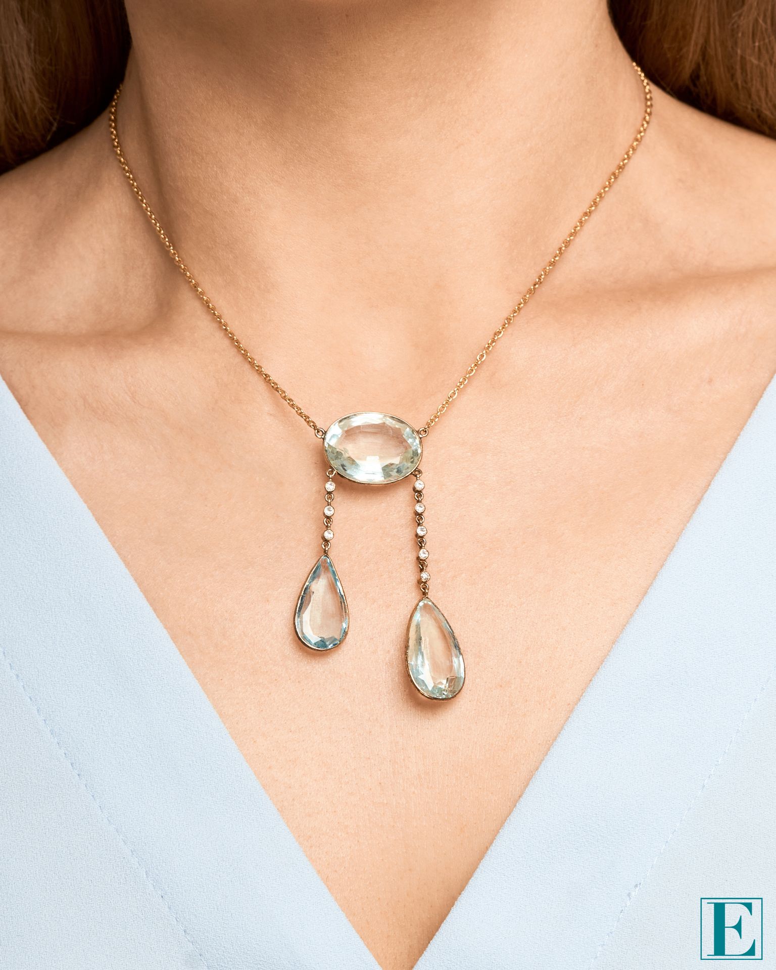 AN AQUAMARINE AND DIAMOND LAVALIER NECKLACE, EARLY 20TH CENTURY in 18ct yellow gold, set with an - Image 2 of 2