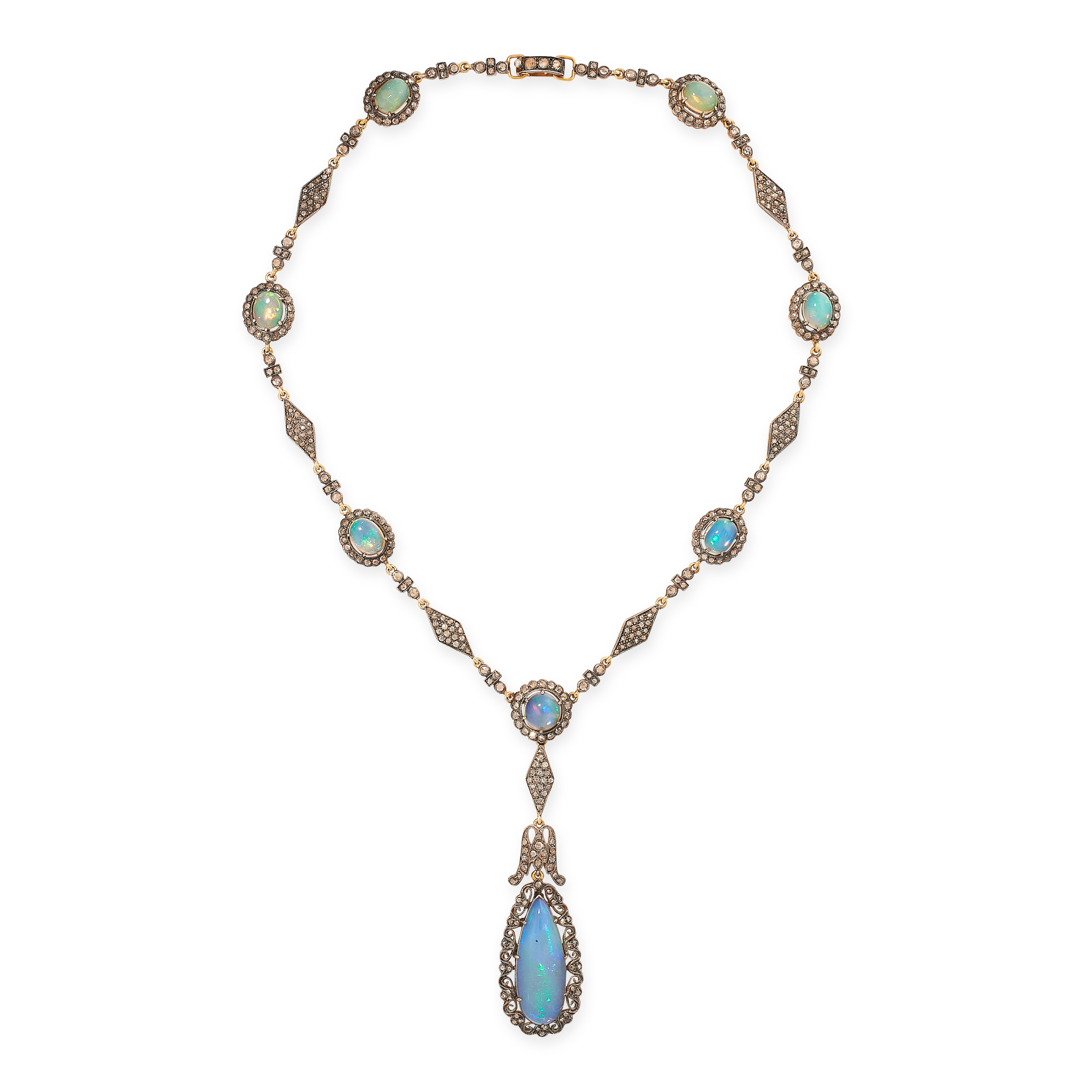 AN OPAL AND DIAMOND PENDANT NECKLACE set with a large pear shaped cabochon opal, within a broder