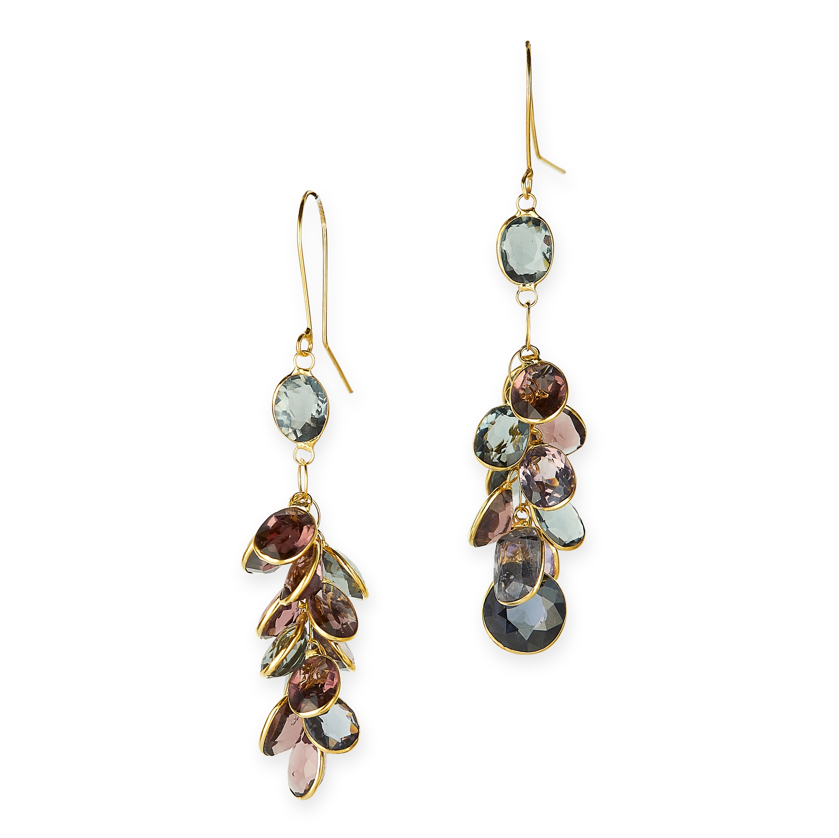 A PAIR OF TOURMALINE, AMETHYST AND SAPPHIRE EARRINGS in yellow gold, each formed of a cluster of