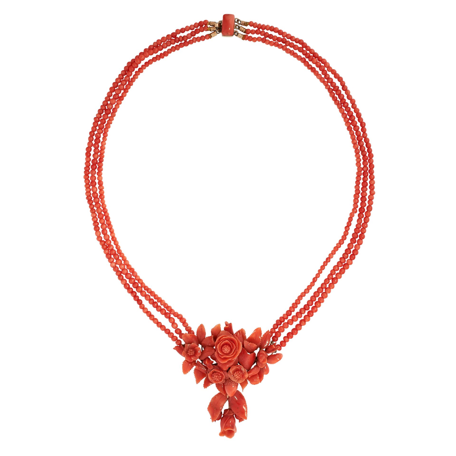 AN ANTIQUE CARVED CORAL NECKLACE, 19TH CENTURY comprising three rows of polished coral beads,