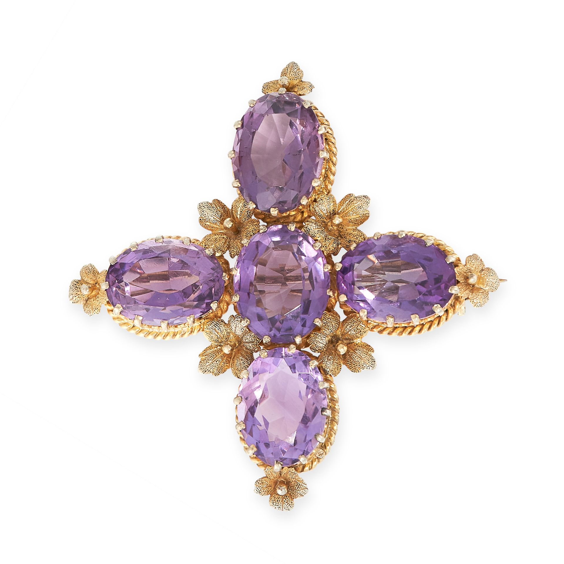 A GILT AMETHYST CROSS BROOCH in silver and yellow gold, the body set with five oval cut amethyst