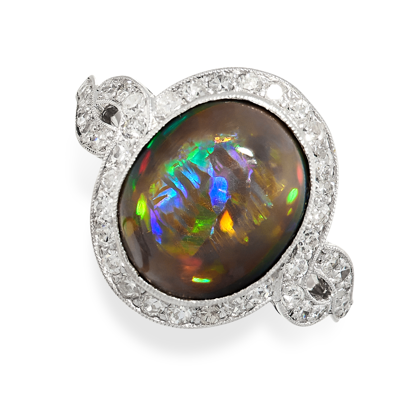 A FINE BLACK OPAL AND DIAMOND RING set with an oval cabochon black opal of 4.22 carats, within an
