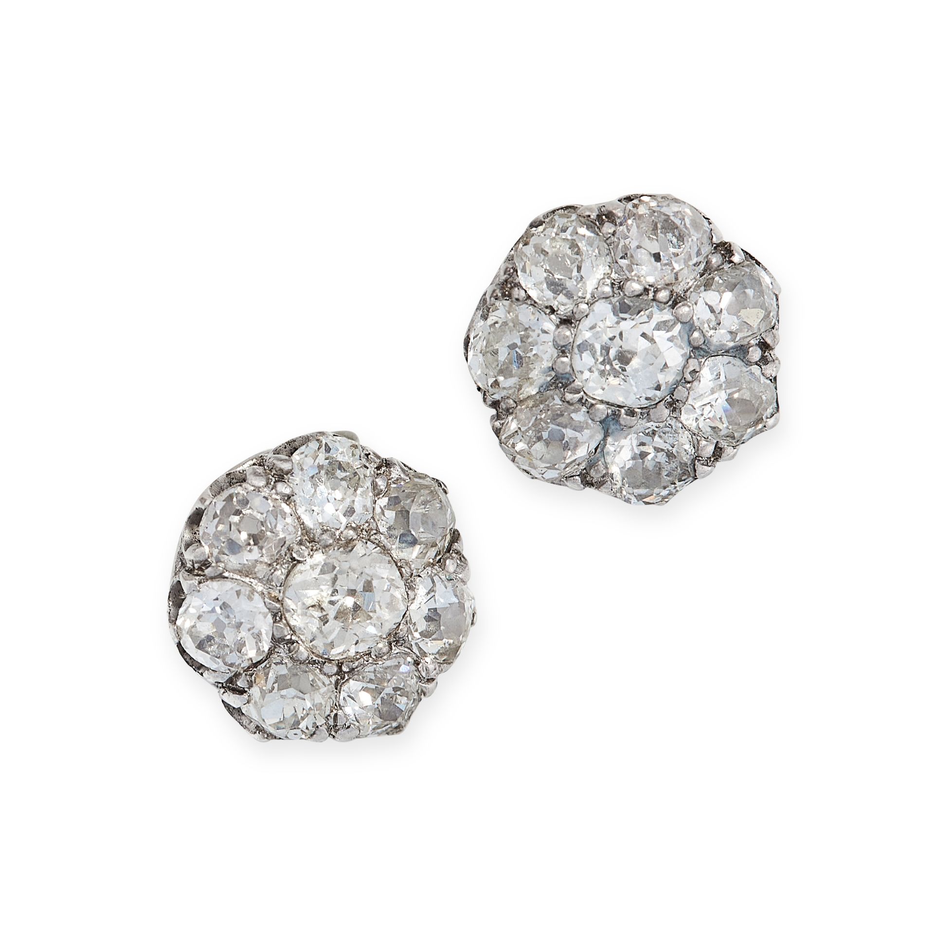 A PAIR OF DIAMOND STUD EARRINGS each set with a cluster of old cut diamonds, the diamonds all