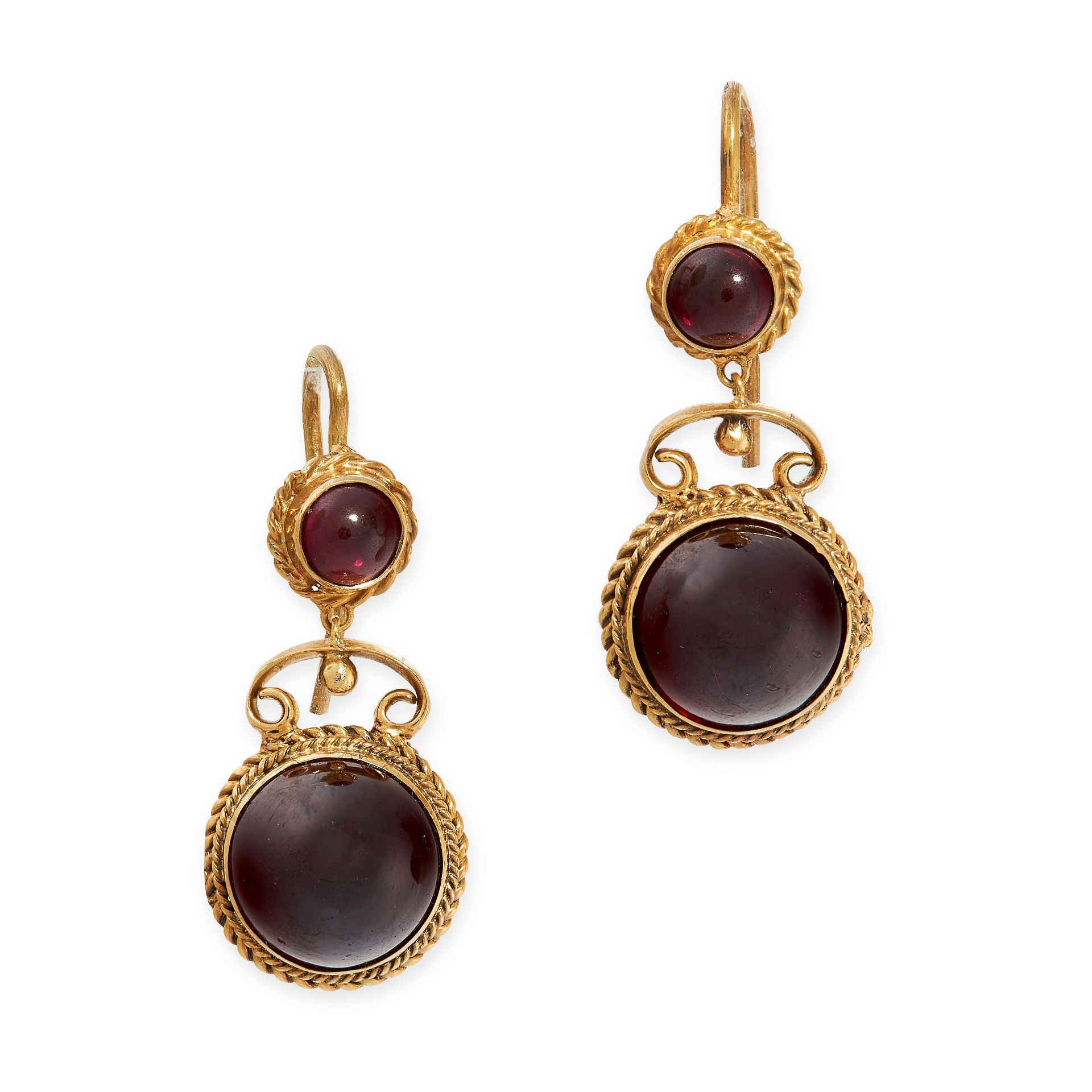 A PAIR OF ANTIQUE GARNET DROP EARRINGS, 19TH CENTURY in yellow gold, each set with a circular