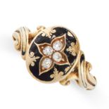 AN ANTIQUE ENAMEL AND DIAMOND RING, 19TH CENTURY in yellow gold, the oval face set with four old cut