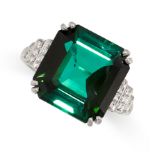 A GREEN TOURMALINE AND DIAMOND RING in 18ct white gold, set with an emerald cut green tourmaline