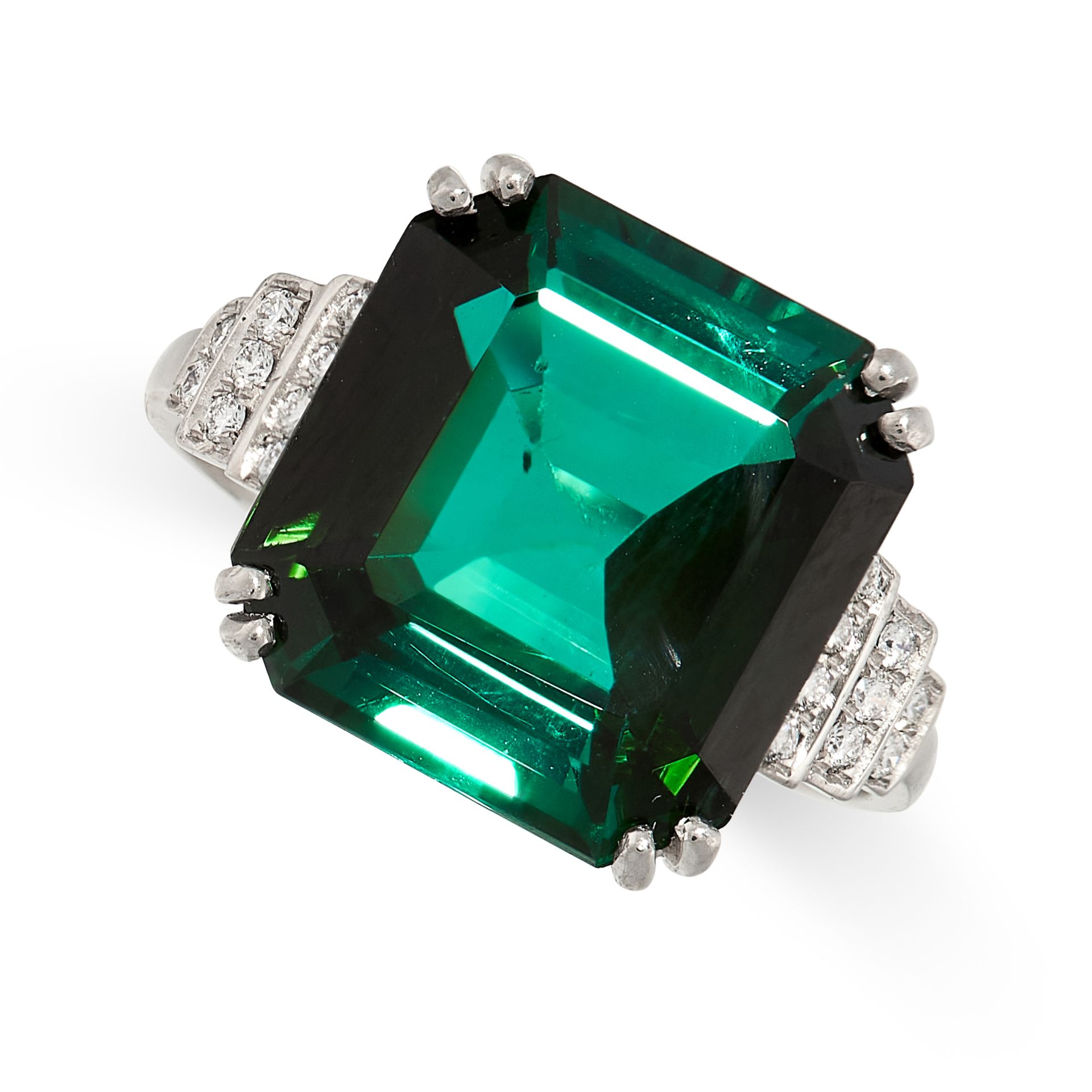A GREEN TOURMALINE AND DIAMOND RING in 18ct white gold, set with an emerald cut green tourmaline