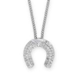 A DIAMOND PENDANT AND CHAIN in 18ct white gold, designed as a horseshoe, pave set with round cut