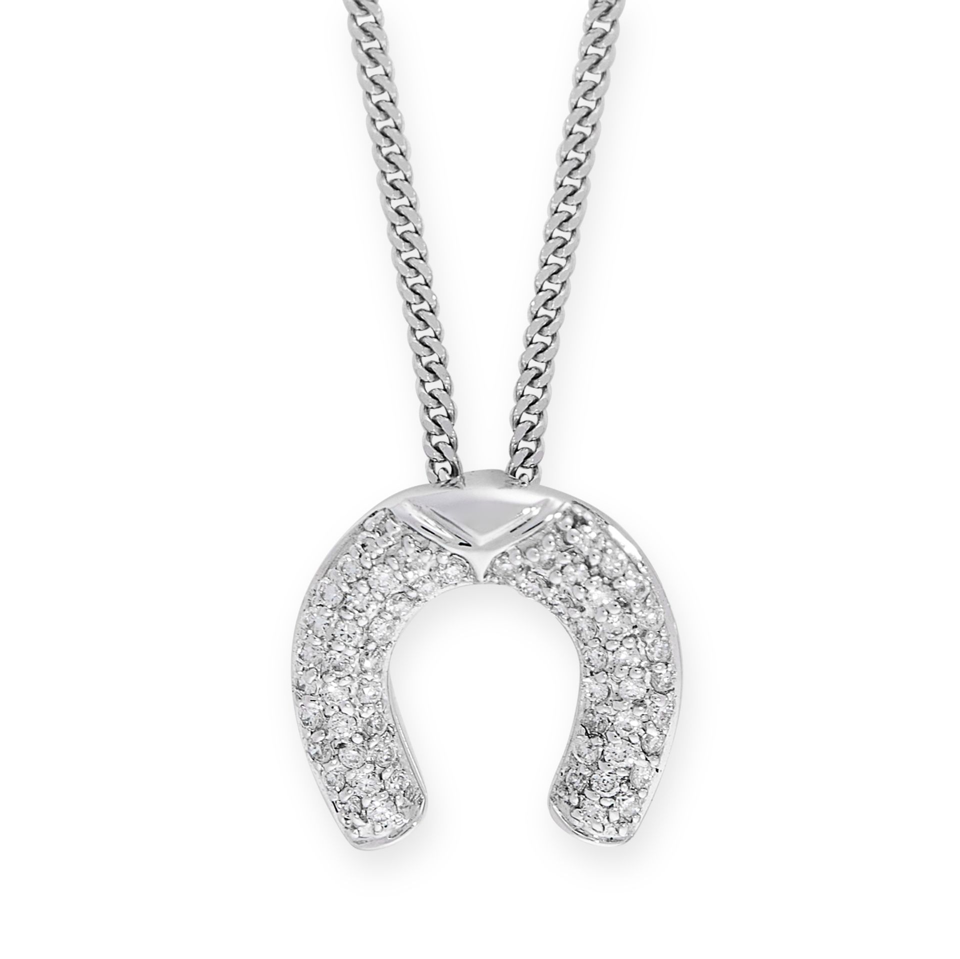 A DIAMOND PENDANT AND CHAIN in 18ct white gold, designed as a horseshoe, pave set with round cut