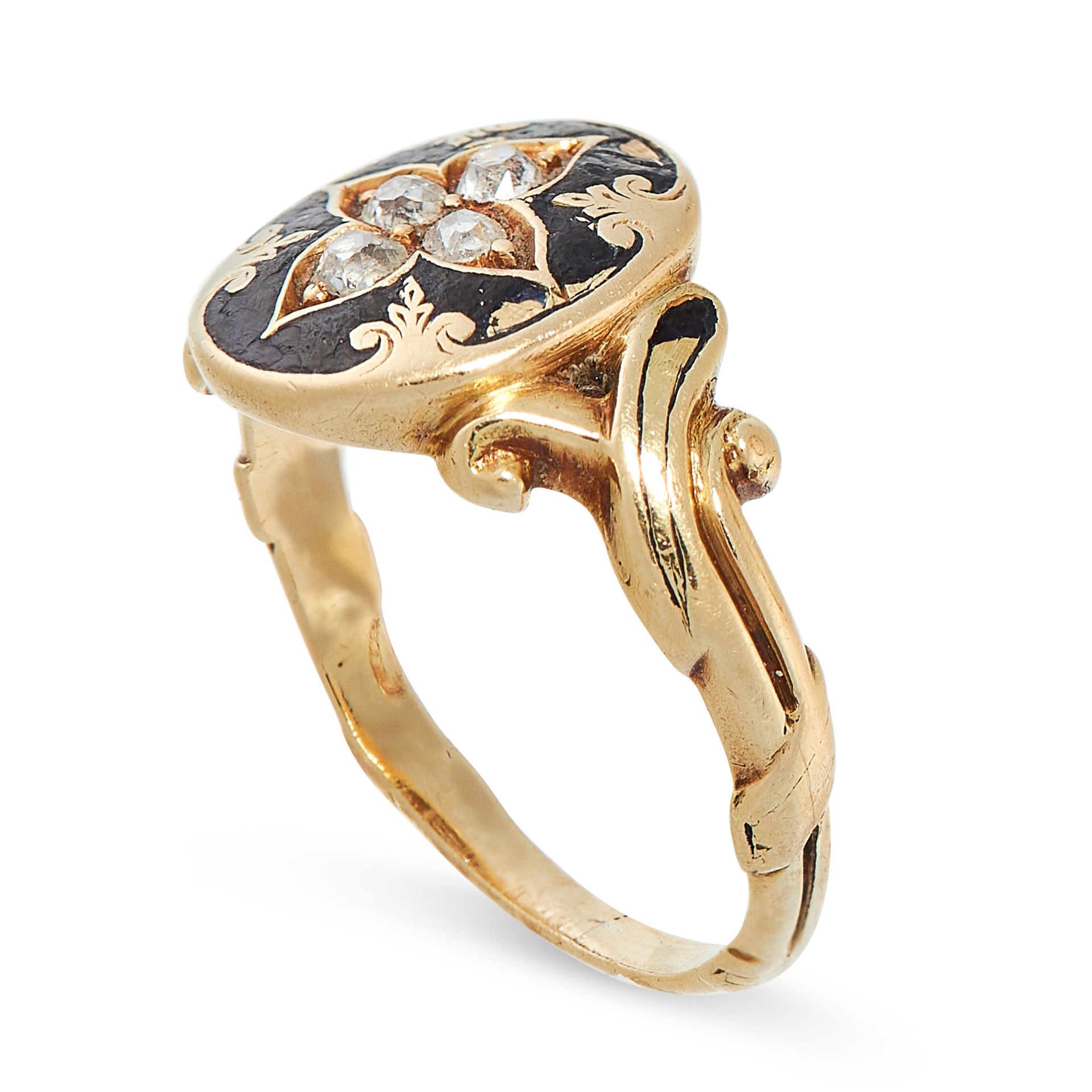AN ANTIQUE ENAMEL AND DIAMOND RING, 19TH CENTURY in yellow gold, the oval face set with four old cut - Bild 2 aus 2