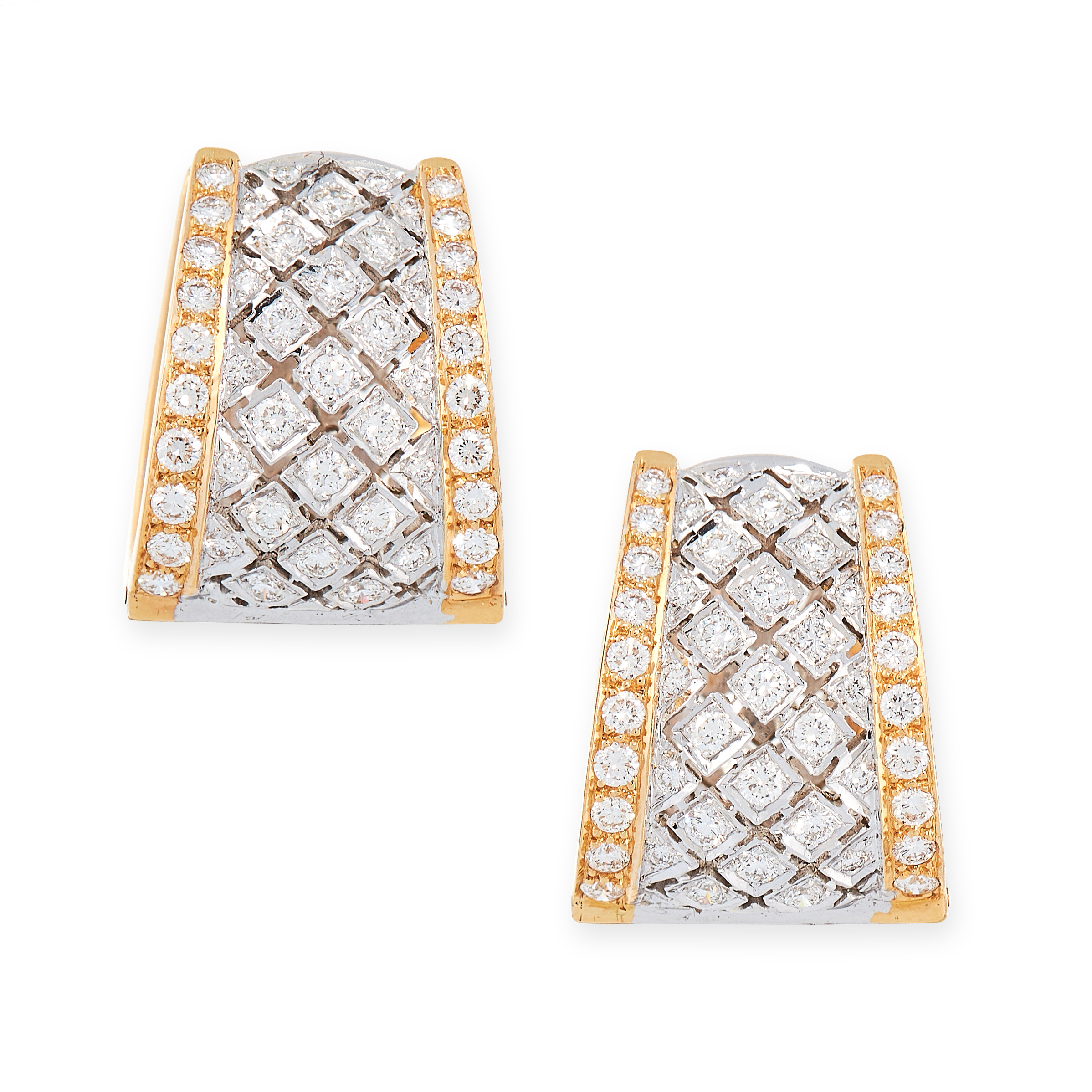 A PAIR OF DIAMOND HOOP EARRINGS in 18ct white gold and yellow gold, each designed as a tapering